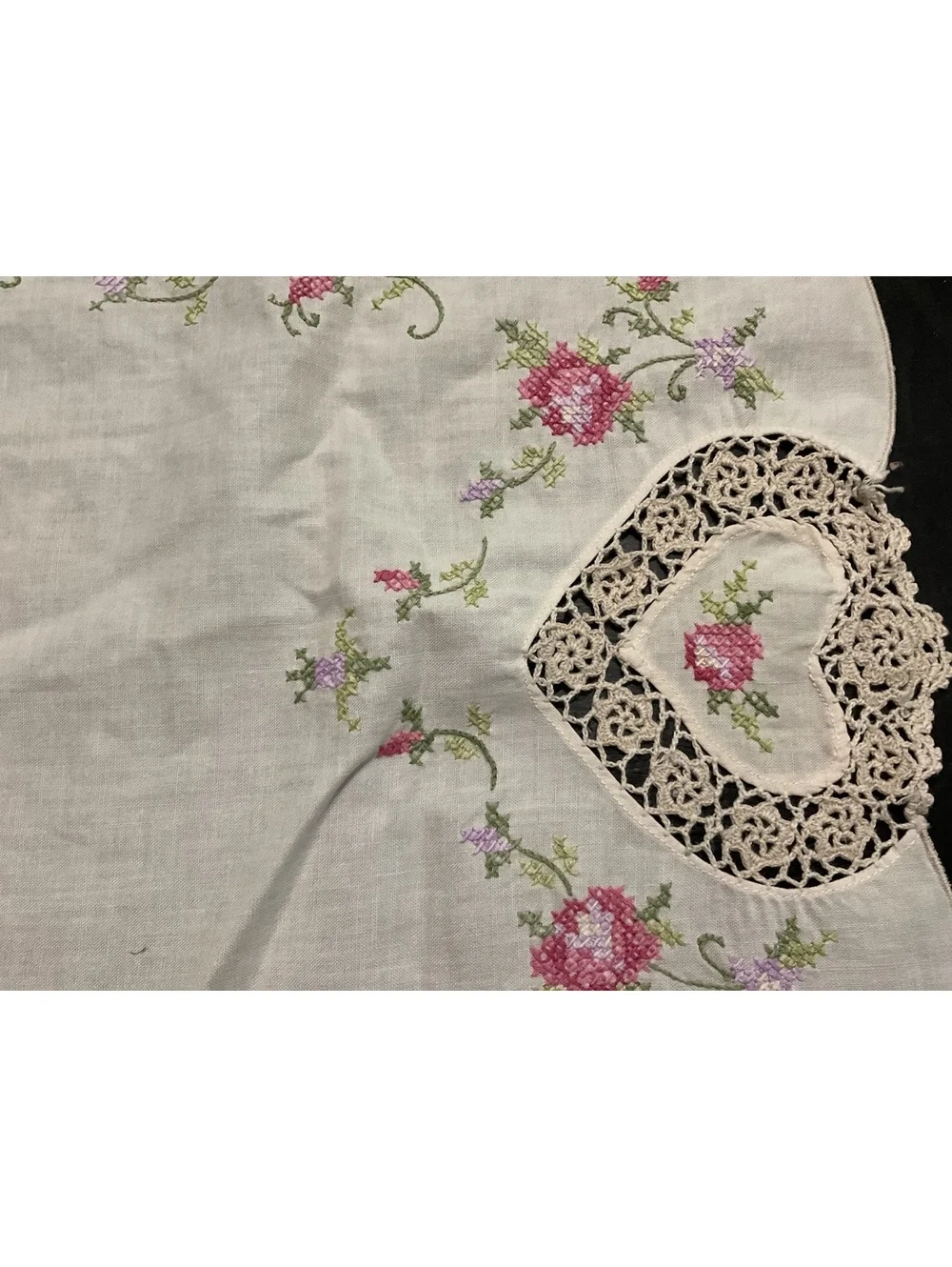 Vintage Embroidered Linen Table Runner with Heart Cutwork 53 1/2” x 15”